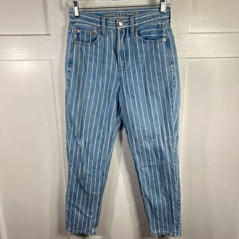American‎ Eagle Outfitters Striped Mom Jeans Light Wash Blue Size 0